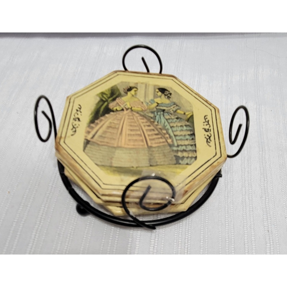 Coaster Set Vintage Victorian Fashion with Black Metal Caddy Octagon Shape